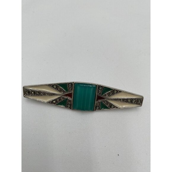 Vintage Silver Tone Turquoise Pin Brooch Bar Rhinestone Jewelry Scarf  2.5" Long - Picture 6 of 6